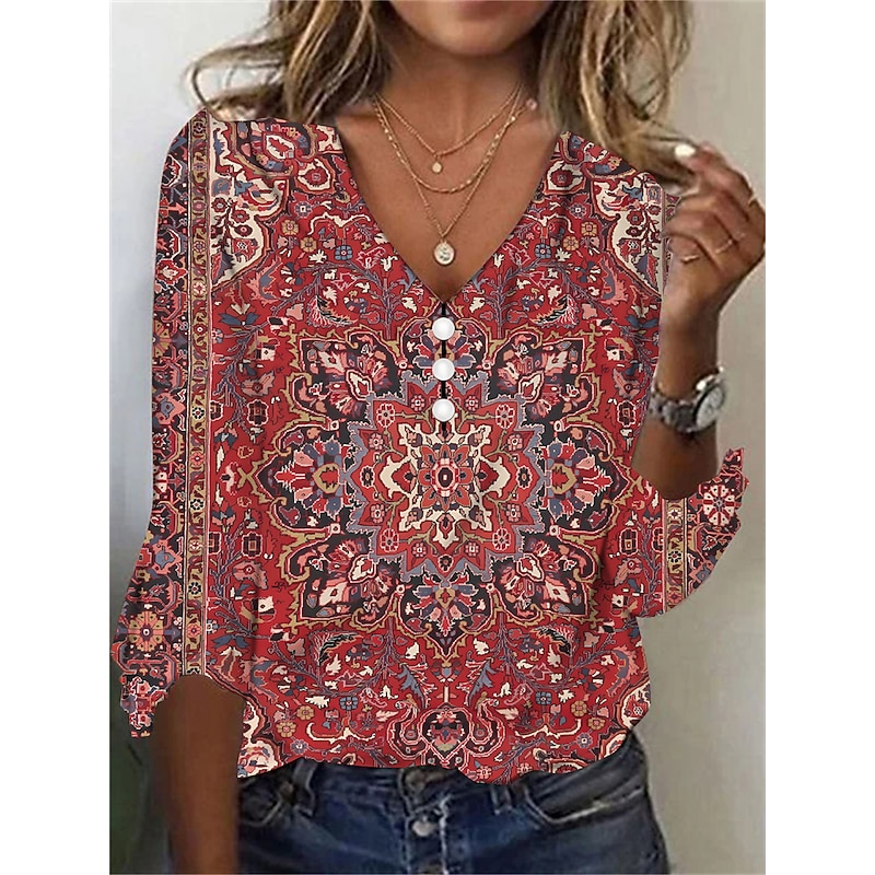 Women's T Shirt Henley Shirt Buttons Print Floral Vintage Ethnic Daily Basic 3/4 Length Sleeve V Neck Regular Tops Holiday Weekend Red Purple Green Kh