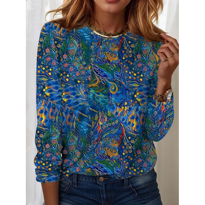 Women's T Shirt Casual Print Regular Tops Daily Blue Sky Blue Spring Fall 2026 - $25.99