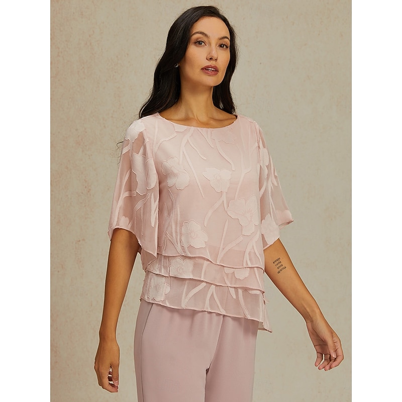 Women's Lace Shirt Blouse Dressy Tops Chiffon Tops Asymmetric Hem Solid Color Floral Graphic Elegant Stylish Basic Half Sleeve Flutter Sleeve Boat Nec