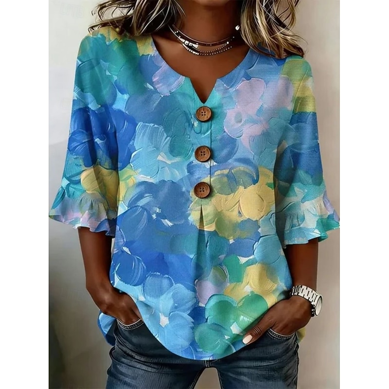 Women's Blouse Buttons Print Ombre Floral Graphic Vintage Stylish 3/4 Length Sleeve Crew Neck V Neck Regular Tops Casual Daily Going out Green / Blue