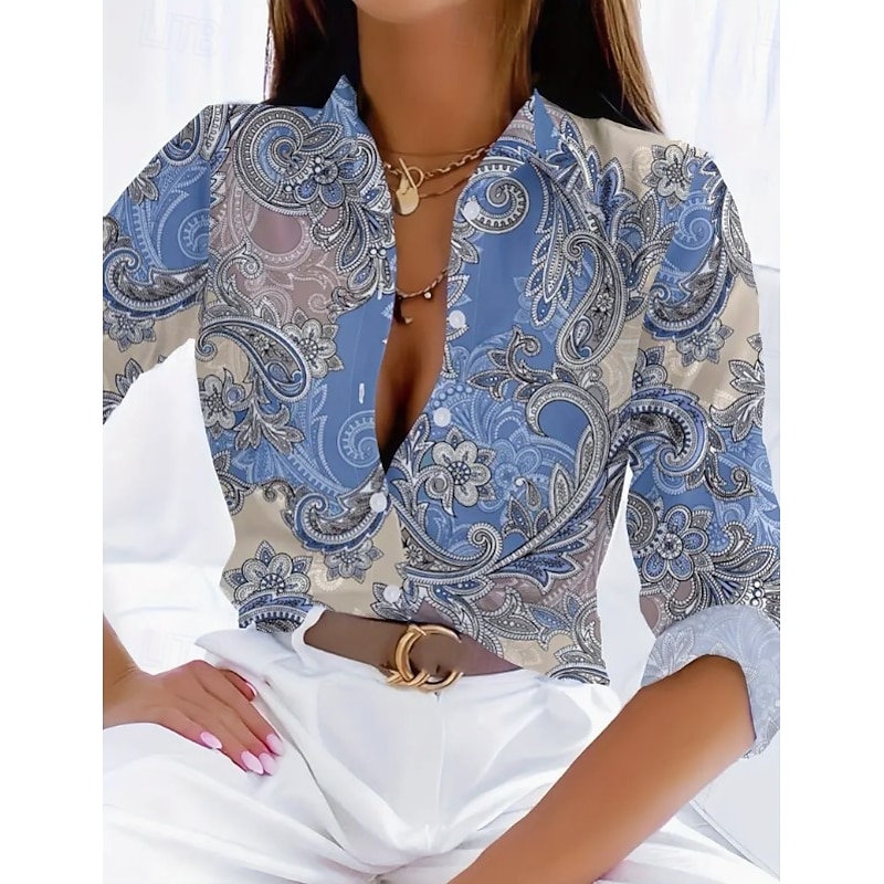 Women's Shirt Button Down Tunic Shirt Collar Long Sleeve V Neck Blue Spring Fall Winter 2026 - $36.99