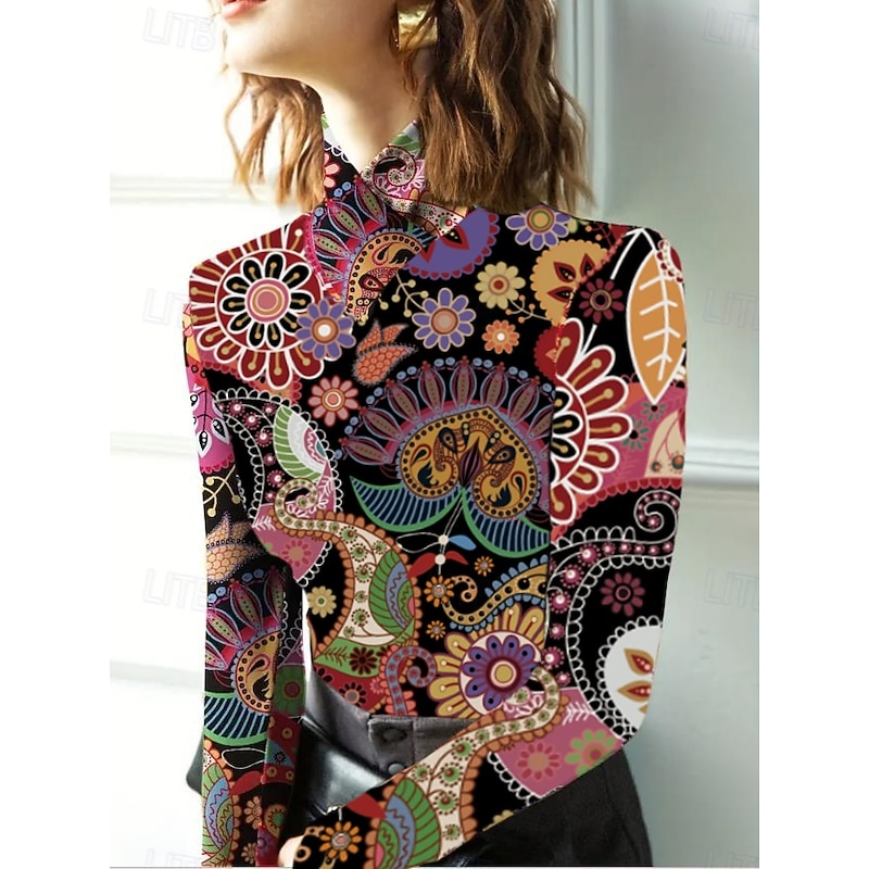 Women's Tunic T Shirt Elegant Bohemia Vintage Long Sleeve Regular Tops Turtleneck Vacation Going out Red Fall Winter Prefall 2026 - $28.99