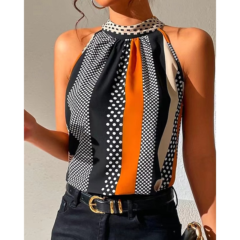 Women's T Shirt Tank Top Tee Top Polka Dot Striped Fashion Modern Sleeveless High Neck Regular Tops Daily Vacation Wear Purple Orange Green Summer 202
