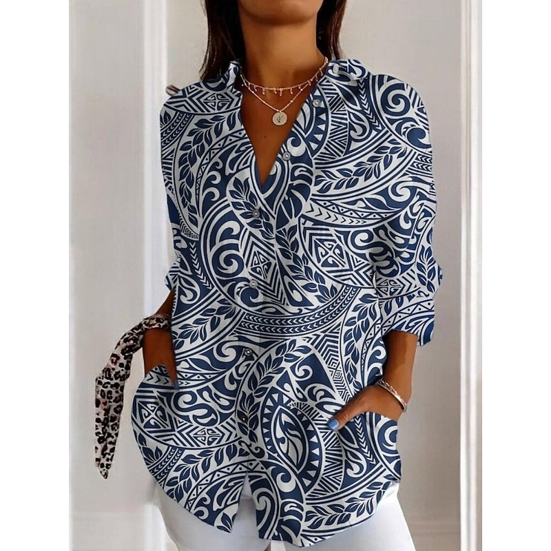 Women's Shirt Pocket Buttons Print Floral Bohemia Hawaiian Long Sleeve Shirt Collar Regular Tops Daily Holiday Blue White Yellow Sky Blue Summer 2026