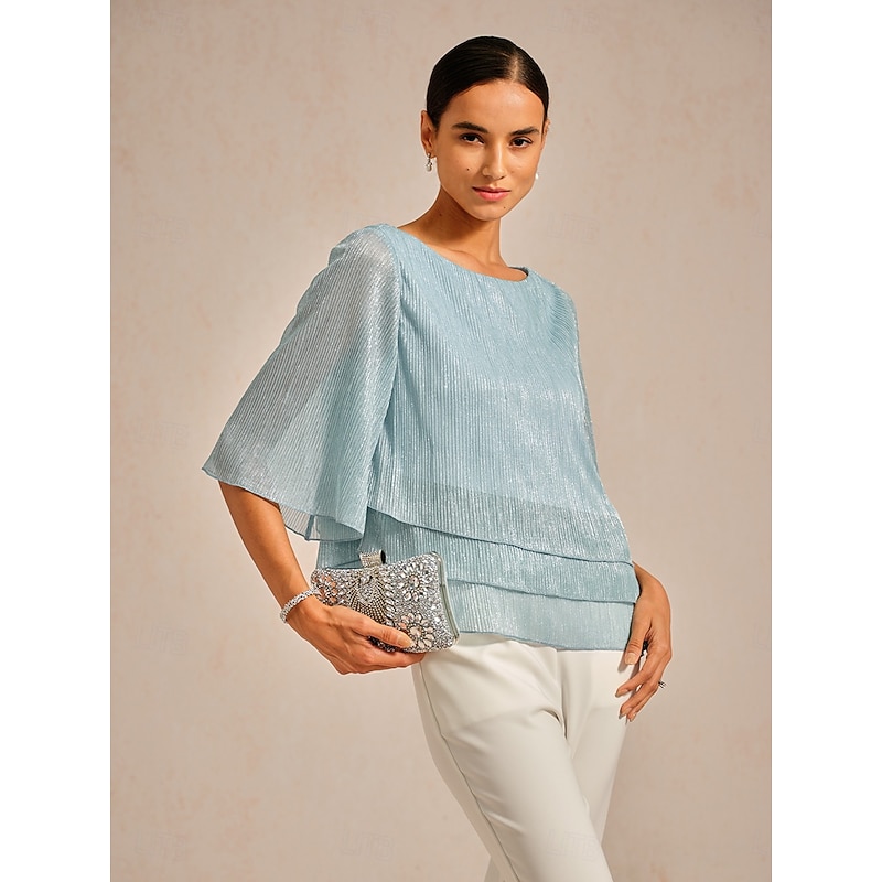 Women's Blouse Dressy Tops Chiffon Tops Lace Tops Pleated Glitter Elegant Crew Neck Regular Tops Wedding Guest Going out Light Blue Spring Fall 2026 -