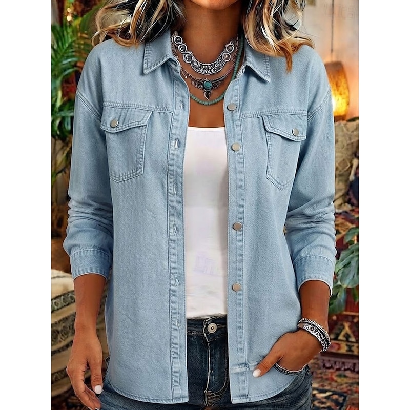 Women's Shirt Blouse Denim-look Buttons Solid Color Elegant Vacation Casual Long Sleeve Shirt Collar Regular Tops Casual Black Spring 2026 - $39.99