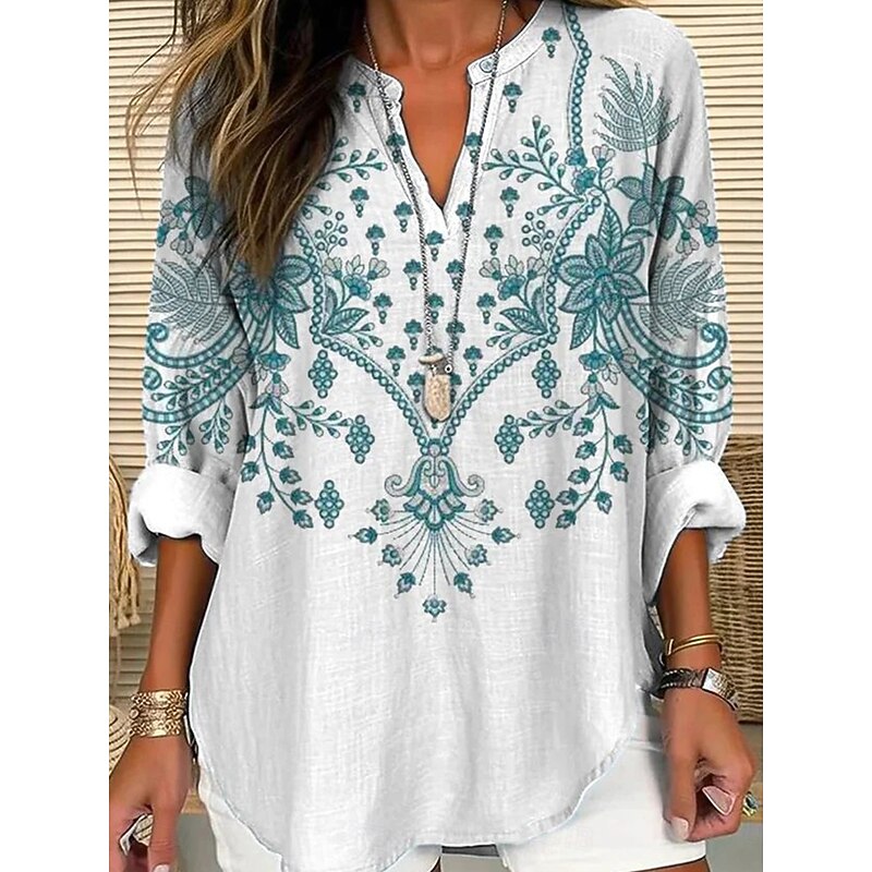 Women's Blouse Linen Like Breathable Lightweight Tunic V Neck Long Sleeve Boho Casual Tops Floral Graphic Vintage Regular Tops Daily Print White Red R