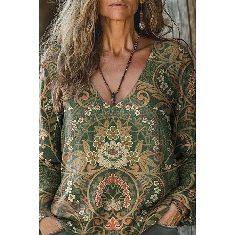 Women's Cotton Blend T Shirt Print Floral Fashion Casual Long Sleeve V Neck Regular Tops Daily Going out Red Orange Brown Green Summer 2026 - $16.49