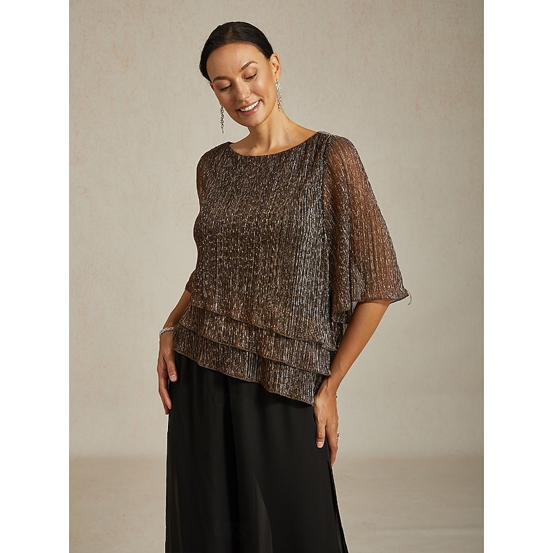 Women's Blouse Dressy Tops Flowy Tops Chiffon Tops Sequins Pleated Patchwork Elegant Vintage Stylish 3/4 Length Sleeve Crew Neck Boat Neck Daily Work