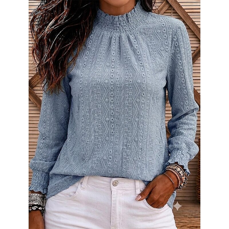 Women's Eyelet Top Solid Color Elegant Bohemia Active Bishop Sleeve Turtleneck Regular Tops Blue Black Green Spring Fall 2026 - $26.99