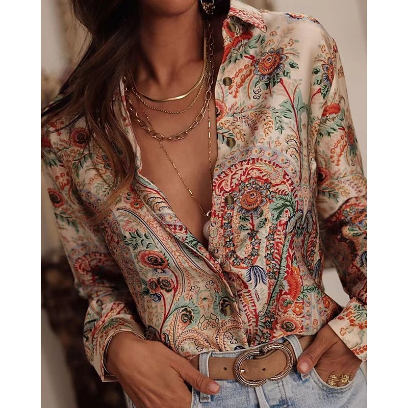 Women's Shirt Pocket Buttons Print Floral Bohemia Stylish Modern Long Sleeve Shirt Collar Regular Tops Daily Holiday Pink Red Orange Green Spring Fall