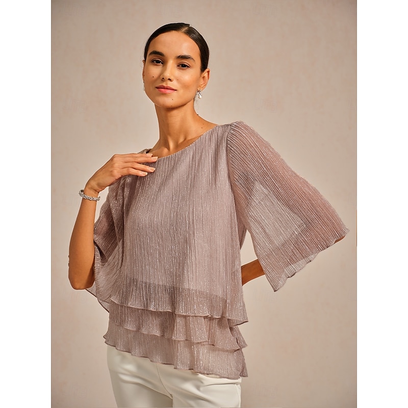 Women's Blouse Chiffon Tops Lace Tops Ruched Glitter Solid Color Elegant 3/4 Length Sleeve Crew Neck Wedding Guest Holiday Pink Summer Spring Fall 202
