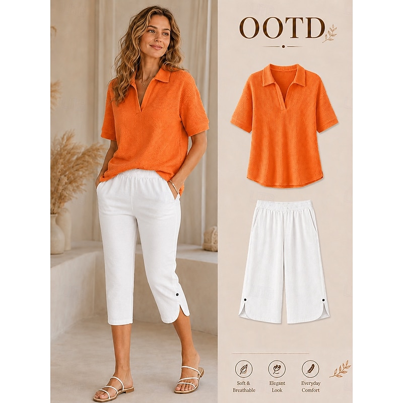 Women's T Shirt Polo Shirts Tee Waffle Knit Tops Plain Fashion Stylish Basic Short Sleeve Shirt Collar Regular Tops Daily Going out Weekend Blue White