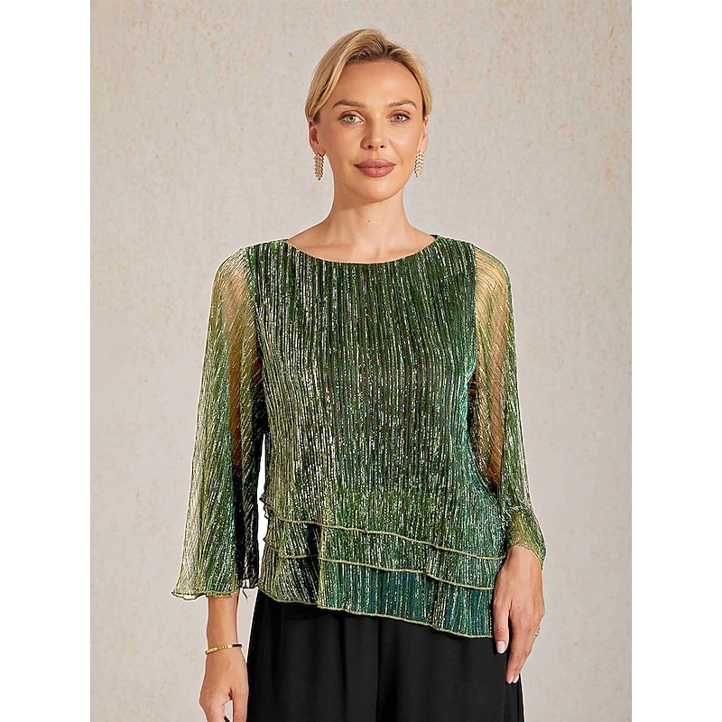 Women's Blouse Dressy Tops Chiffon Tops Pleated Glitter Elegant Crew Neck Wedding Guest Going out Green Summer Spring Fall 2026 - $49.99