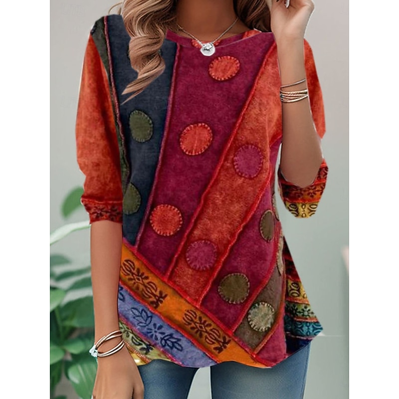 Women's T shirt Long Sleeve Casual Print Regular Tops Daily Red Spring Fall Prefall 2026 - $25.99