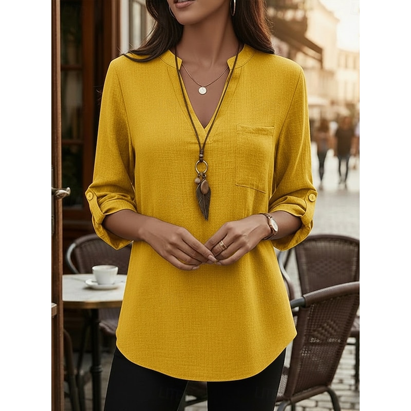 Women's Cotton Linen Shirts Summer Tops Blouse Dressy Tops Ruched Patchwork Pocket Solid Color Plain Elegant Vintage Ladies 3/4 Length Sleeve Shirt Co