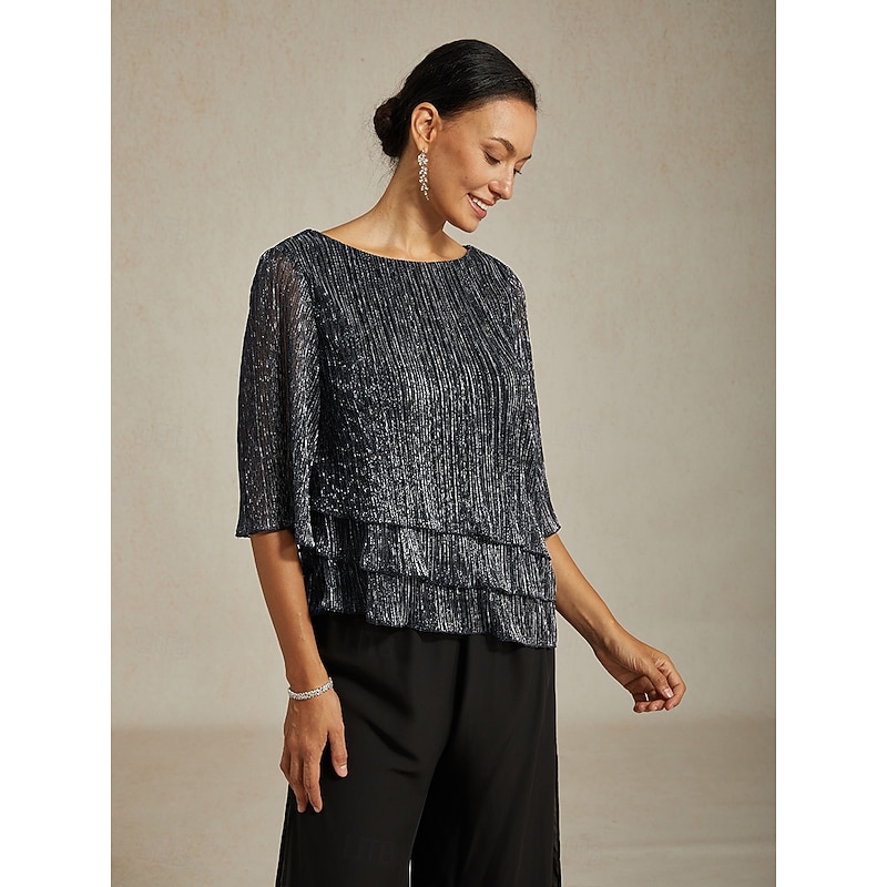 Women's Blouse Dressy Tops Chiffon Tops Pleated Glitter Solid Color Elegant 3/4 Length Sleeve Crew Neck Wedding Guest Holiday Silver Summer Spring Fal