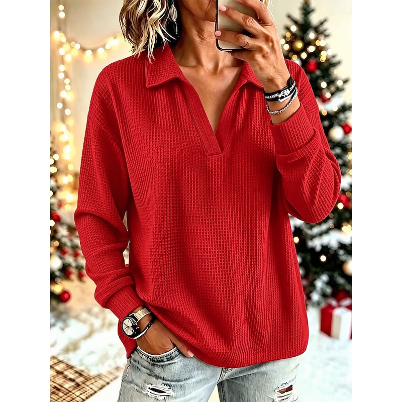 Christmas Women's Waffle Shirt Tunic Casual Shirt Texture Vacation Casual Casual Daily Work Blue Grass Green Yellow Red Violet Fall Winter 2026 - $32.