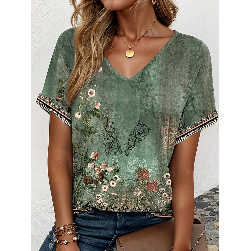 St. Patrick Women's T Shirt Print Ombre Floral Graphic Elegant Vintage Casual Short Sleeve V Neck Regular Tops Daily Weekend Vacation Wear Sage Green
