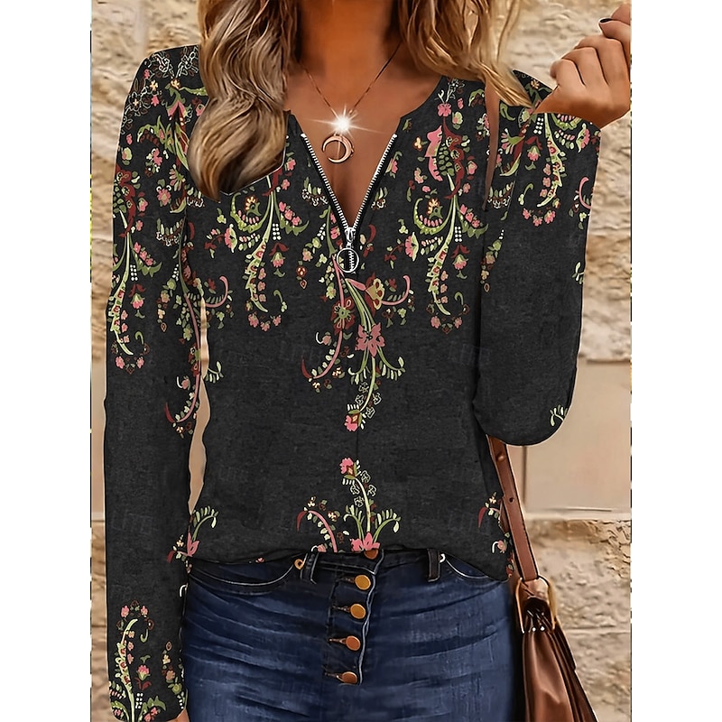 Women's T Shirt Quarter Zip Long Sleeve Casual Graphic Tribal Vintage Bohemia Tropical Hawaiian V Neck Regular Tops Daily Going out Black Spring Fall