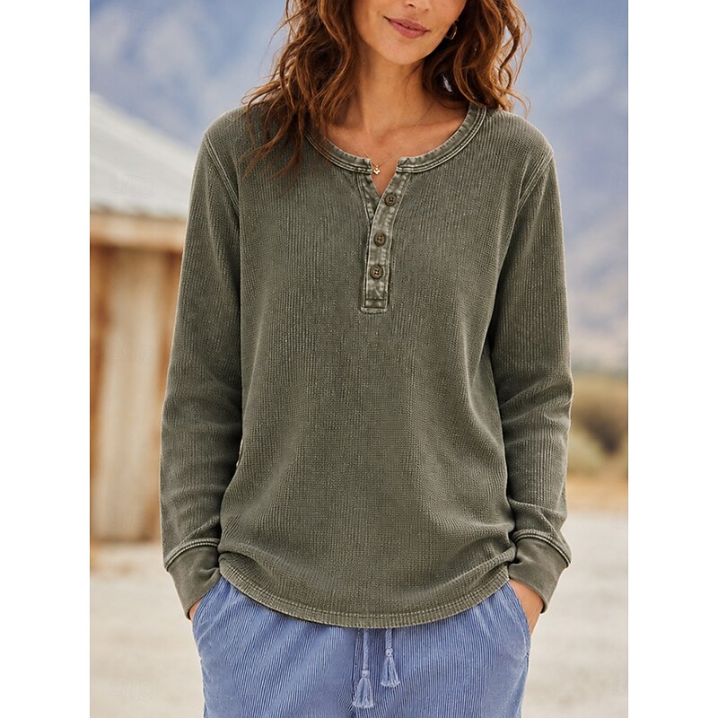 Women's Waffle Shirt Washed Cotton Cotton Pullover Solid Color Casual Long Sleeve Henry Collar Regular Tops Casual Black Dark Green Brick red Dark Blu