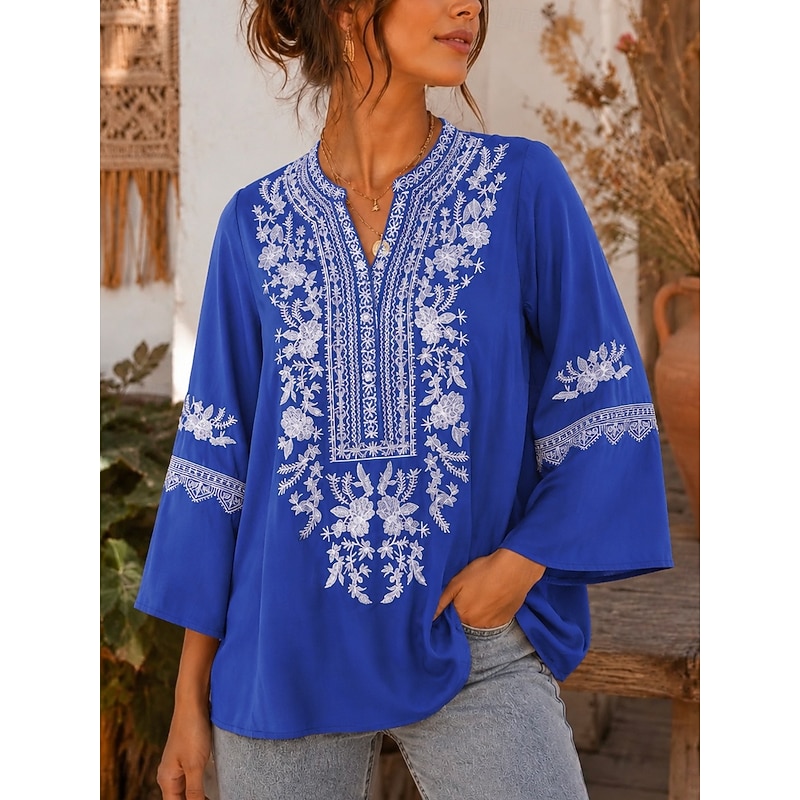 Women's Blouse Embroidered Floral Stylish Casual Long Sleeve Crew Neck Regular Tops Casual Daily Royal Blue Summer Spring 2026 - $45.99