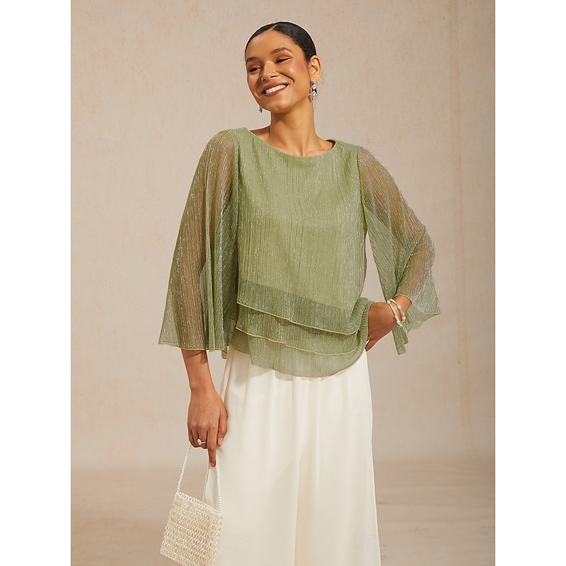 Women's Chiffon Tops Pleated Layered Metallic Elegant 3/4 Length Sleeve Crew Neck Regular Tops Wedding Guest Light Green Summer Spring Fall 2026 - $59
