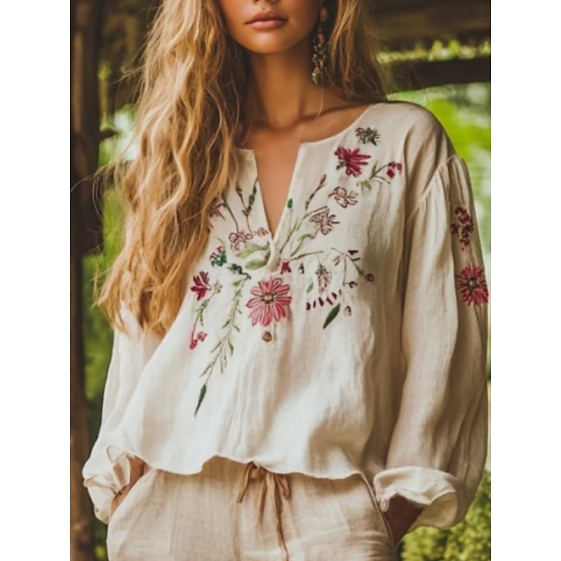 Women's Shirt Boho Shirt Blouse Print Floral Graphic Vintage Daily Stylish Long Sleeve V Neck Regular Tops Daily Holiday Beige Summer Spring 2026 - $3