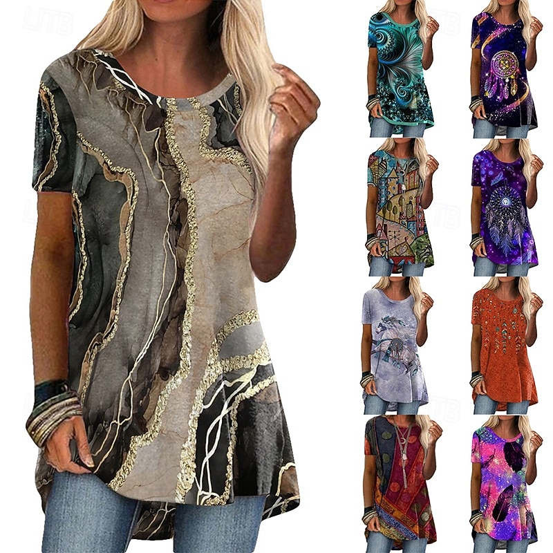 Women's Boho Shirt T Shirt Tee Top Graphic Abstract Vintage Fashion Ethnic Short Sleeve Crew Neck Round Neck Long Tops Daily Going out Weekend Blue Bl