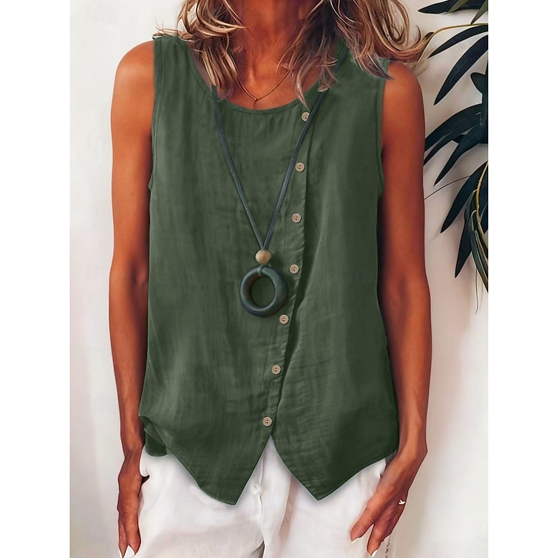 Women's Shirt Blouse Sleeveless Shirt Buttons Solid Color Bohemia Stylish Classic Sleeveless Crew Neck Regular Tops Daily Holiday Going out White Army