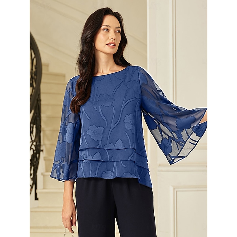 Women's Sheer Blouse Chiffon Tops Lace Asymmetric Hem Floral Elegant 3/4 Length Sleeve Crew Neck Regular Tops Daily Wedding Guest Wedgewood Summer Spr