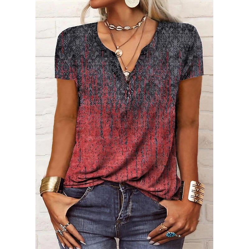 Women's T Shirt Henley Shirt Print Graphic Paisley Vintage Basic Short Sleeve V Neck Regular Tops Daily Weekend Blue Black Red 2026 - $24.99