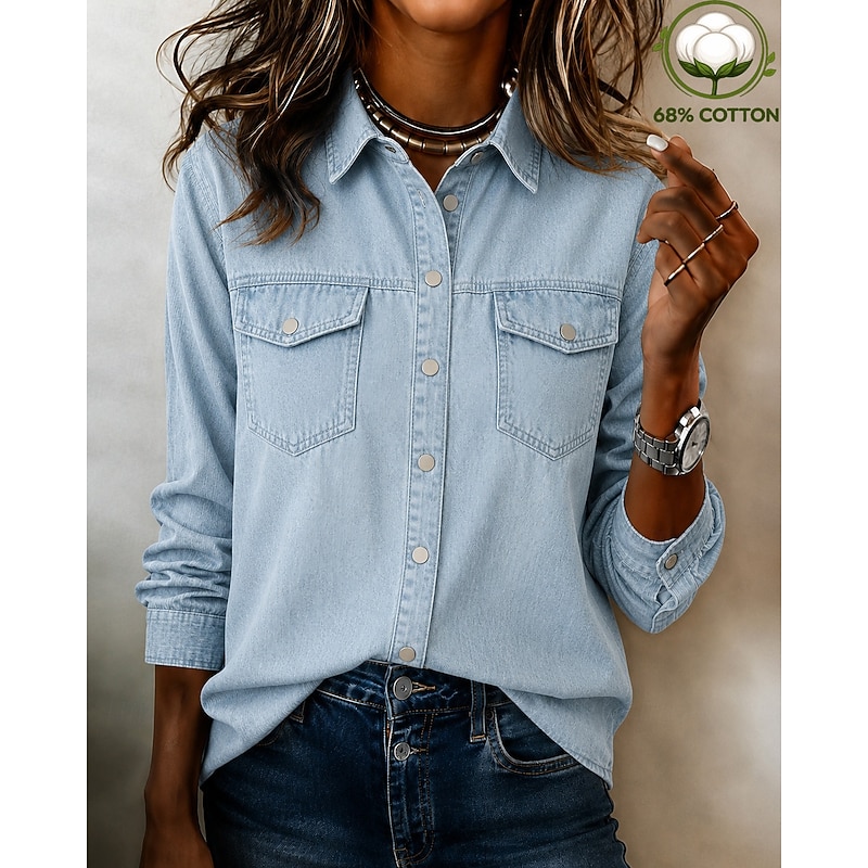 Women's Shirt Blouse Denim-look Buttons Solid Color Elegant Vacation Casual Long Sleeve Shirt Collar Regular Tops Casual Black Spring 2026 - $39.99