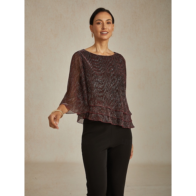 Women's Blouse Dressy Tops Flowy Tops Chiffon Tops Sequins Pleated Patchwork Elegant Vintage Stylish 3/4 Length Sleeve Crew Neck Boat Neck Daily Work