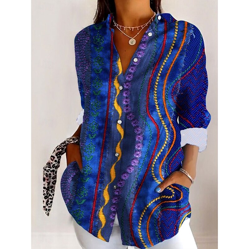 Women's Shirt Linen Like Breathable Lightweight Button Down Tunic Shirt Collar Long Sleeve Graphic Geometric Casual Regular Tops Work Daily s Print Bl