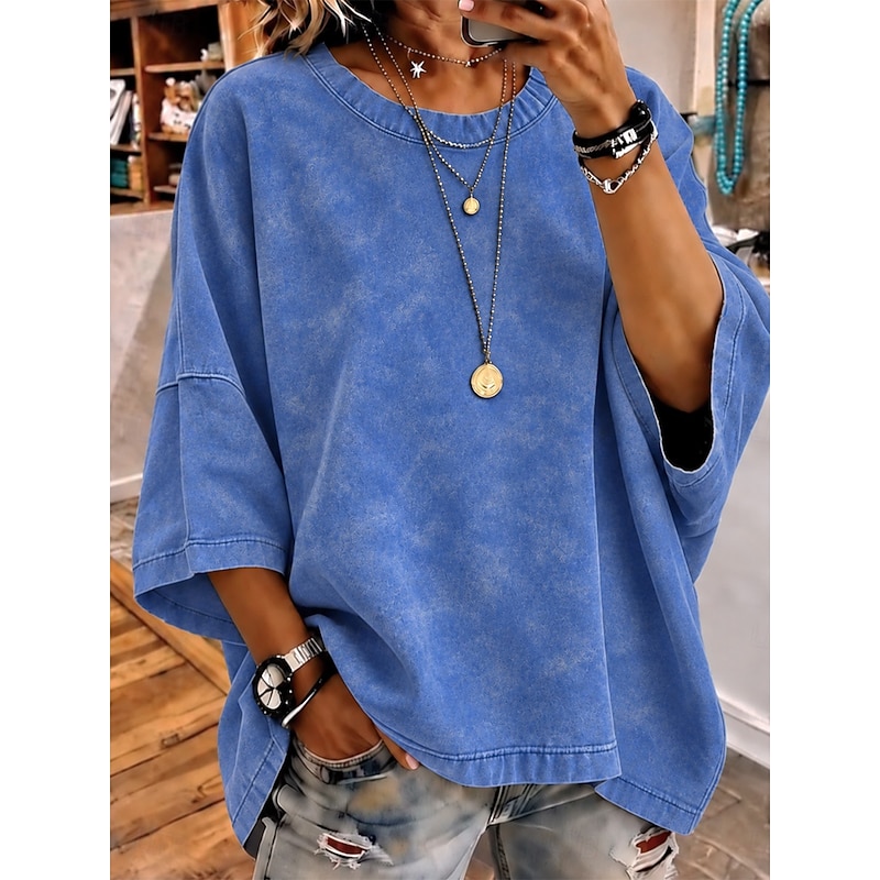 Women's Shirt Washed Cotton 100% Cotton Boho Shirt Solid Color Elegant Bohemia Daily Long Sleeve Crew Neck Long Tops Casual Daily Holiday Blue Red Spr