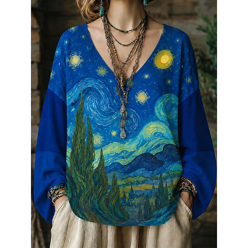 Women's Oversized Tunic Print Floral Cat Elegant Bohemia Vintage Long Sleeve 3/4 Length Sleeve V Neck Long Tops Casual Sports Blue White Green Summer
