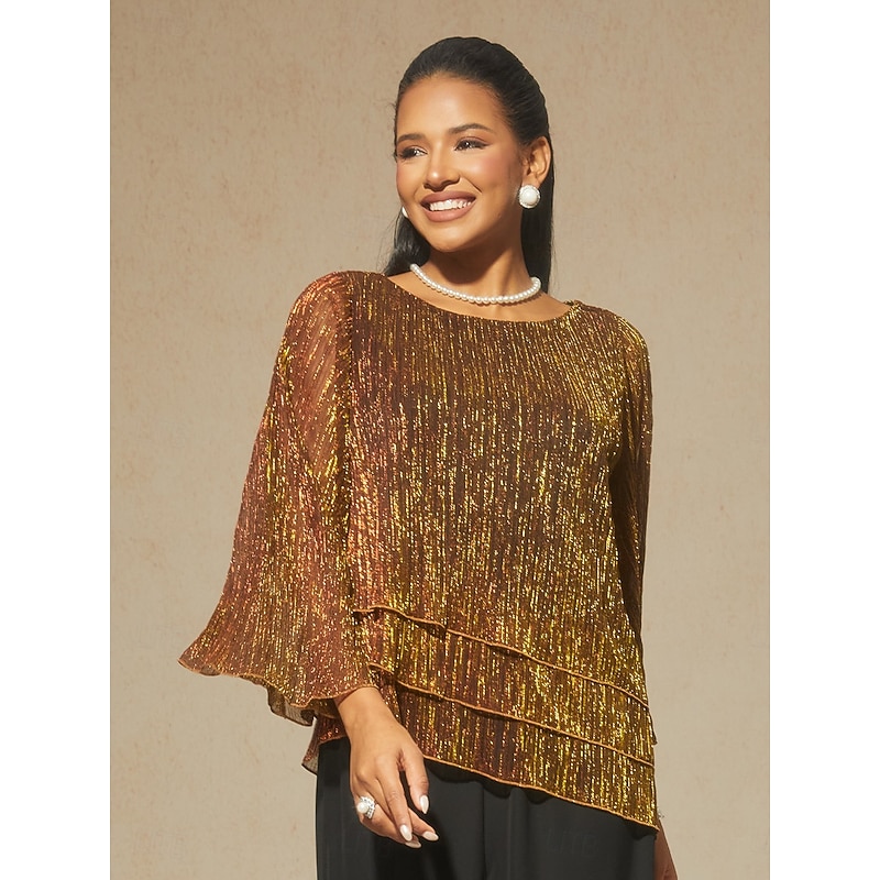 Women's Blouse Chiffon Tops Lace Tops Ruched Glitter Solid Color Elegant 3/4 Length Sleeve Crew Neck Wedding Guest Holiday Portofino Orange Summer Spr