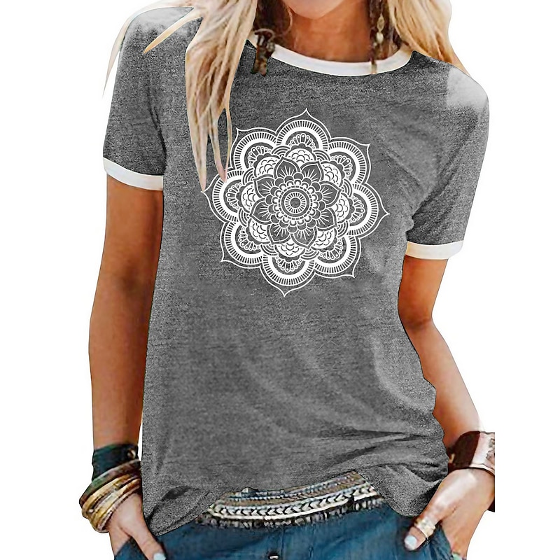 Women's T Shirt Patchwork Print Floral Graphic Mandala Basic Short Sleeve Round Neck Regular Tops Daily Weekend Blue Black Yellow Purple Green Spring,