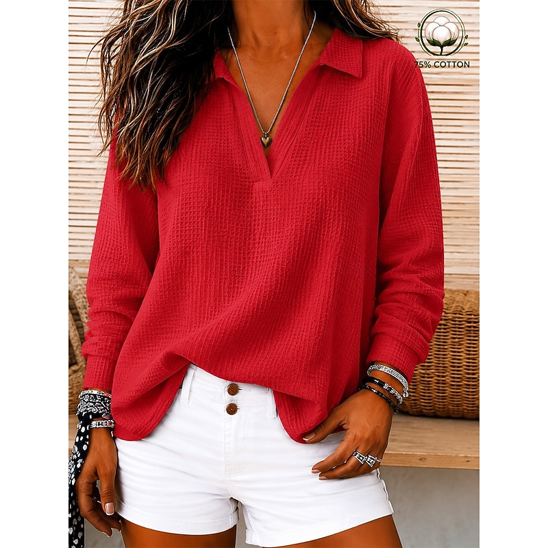 Women's Waffle Shirt Tunic Casual Shirt Texture Vacation Casual Casual Daily Work Blue Grass Green Yellow Red Violet Fall Winter 2026 - $28.99