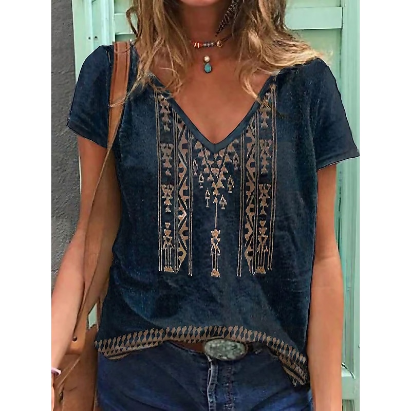 Women's T shirt Tee Blue Geometric Daily Going out Basic Ethnic V Neck S 2026 - $24.99