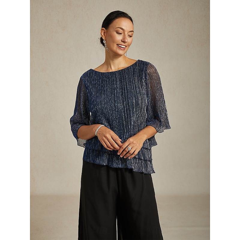 Women's Blouse Dressy Tops Flowy Tops Chiffon Tops Sequins Pleated Patchwork Elegant Vintage Stylish 3/4 Length Sleeve Crew Neck Boat Neck Daily Work