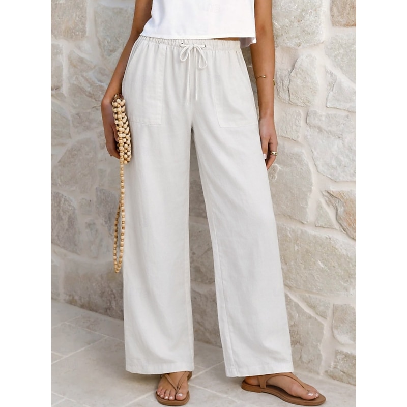 Women's Linen Pants Trousers Casual Pants Summer Pants Vacation Fashion Basic Full Length Medium Waist Plain Drawstring Elastic Waist Straight Leg Lig