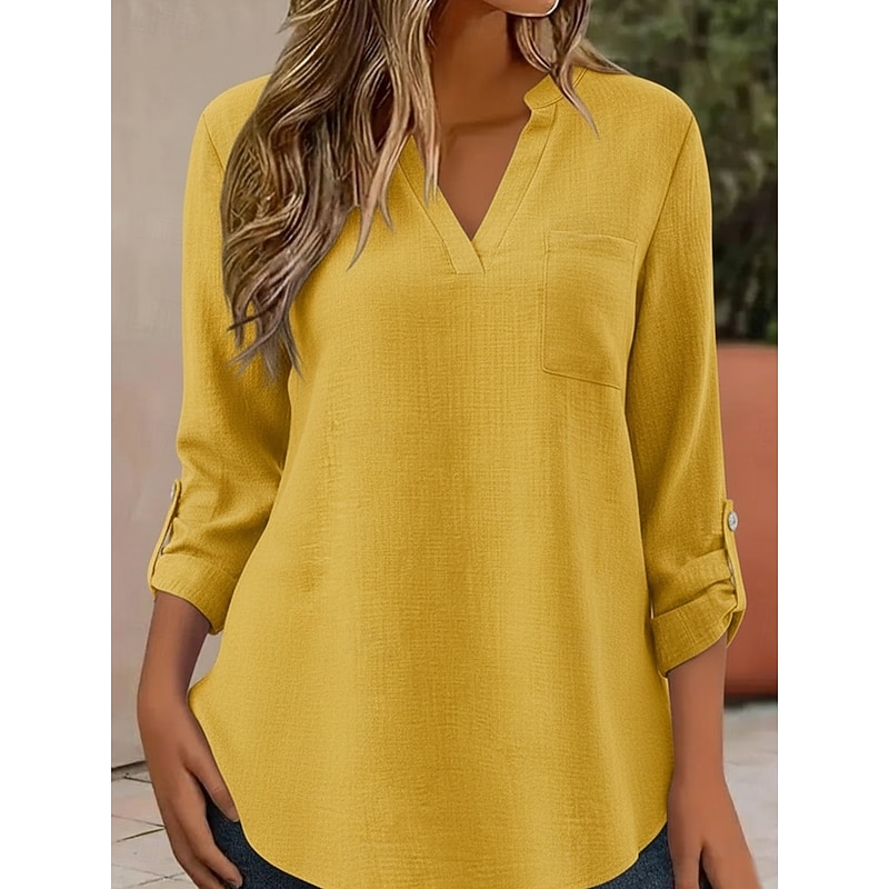 Women's Cotton Linen Shirts Summer Tops Blouse Dressy Tops Ruched Patchwork Pocket Solid Color Plain Elegant Vintage Ladies 3/4 Length Sleeve Shirt Co