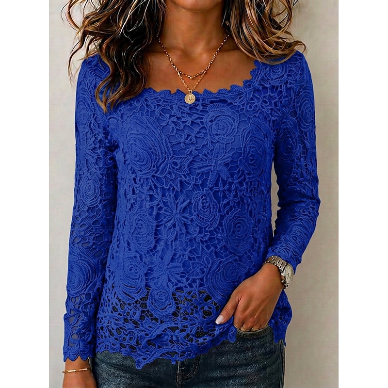 Women's Shirt Eyelet Top Lace Shirt Blouse Lace Plain Fashion Square Neck Daily Street Blue White Black Pink Red Spring &  Fall 2026 - $22.99