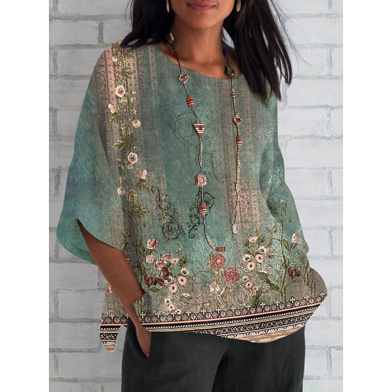 Women's Shirt Print Floral Daily Casual 3/4 Length Sleeve Crew Neck Regular Tops Daily Holiday Green Summer Spring Fall 2026 - $34.99