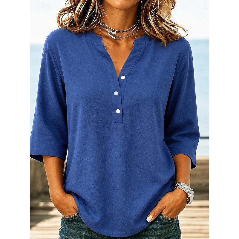 Women's Linen-feel Shirts Buttons Solid Color Vacation Streetwear Daily 3/4 Length Sleeve V Neck Long Tops Casual Black Dusty Rose Dark Blue Summer Sp