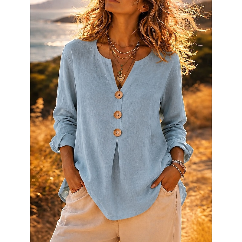 Women's Linen Shirt Blouse Solid Color Vintage Stylish Classic Long Sleeve Henry Collar Regular Tops Casual Daily Blue White Red Beige Summer Spring 2