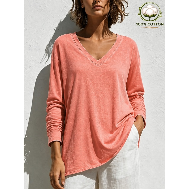 Women's Washed Cotton 100% Cotton Washed Acid Wash Vintage Washed Vintage Fashion Stylish Long Sleeve Raglan Sleeves V Neck Regular Tops Casual Beach