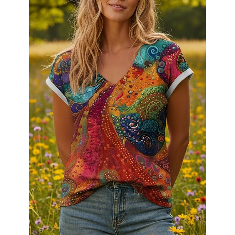 Women's T Shirt Print Graphic Graffiti Bohemia Vintage Casual Short Sleeve V Neck Regular Tops Daily Blue Summer Spring 2026 - $26.99
